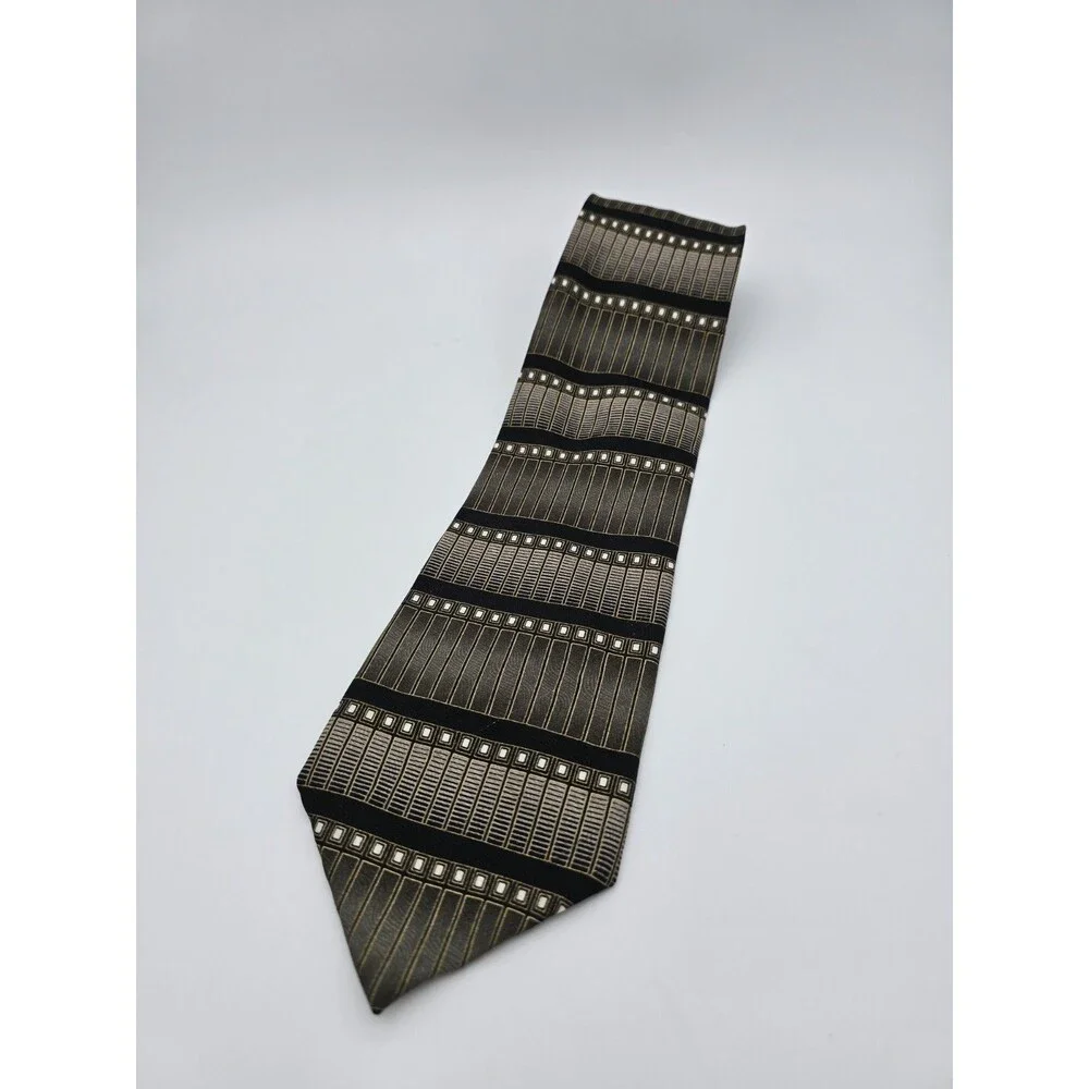 Vtg Mosaic Geometric Silk Tie BlackGold ArtDeco Architectural Retro 90s Handmade